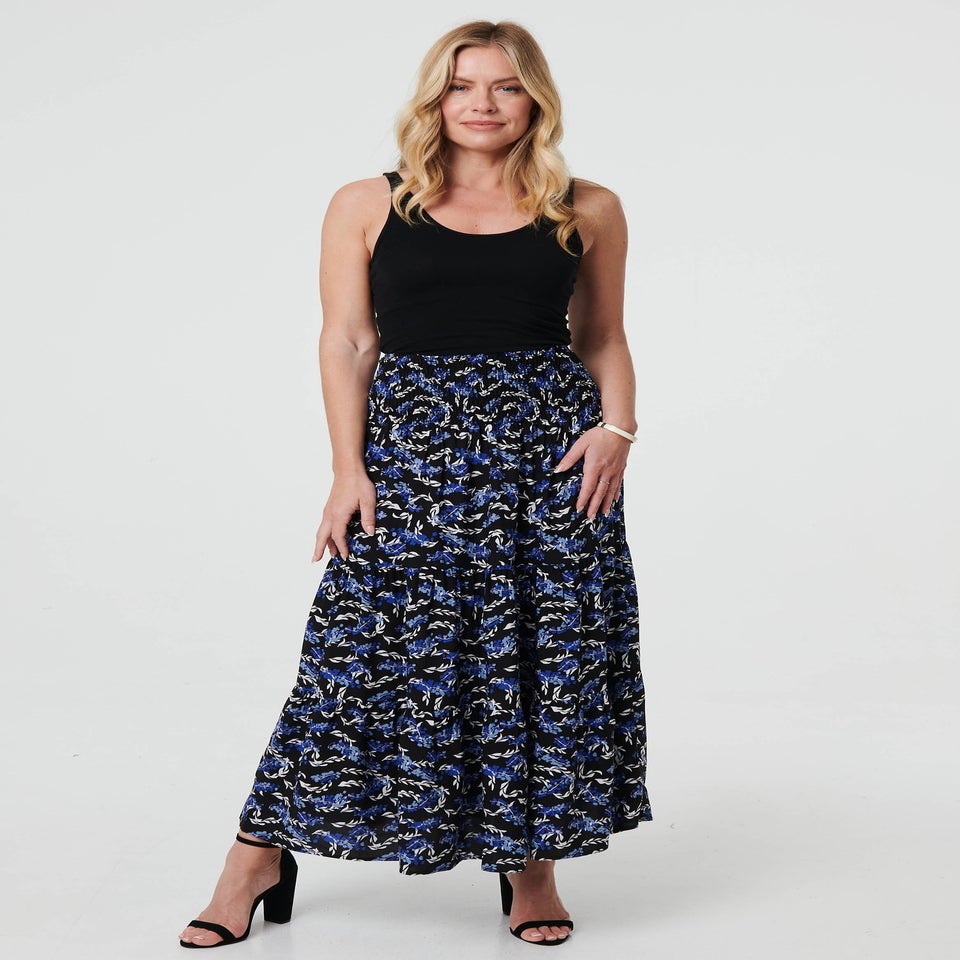 Izabel London Blue Floral High Waist Shirred Maxi Skirt