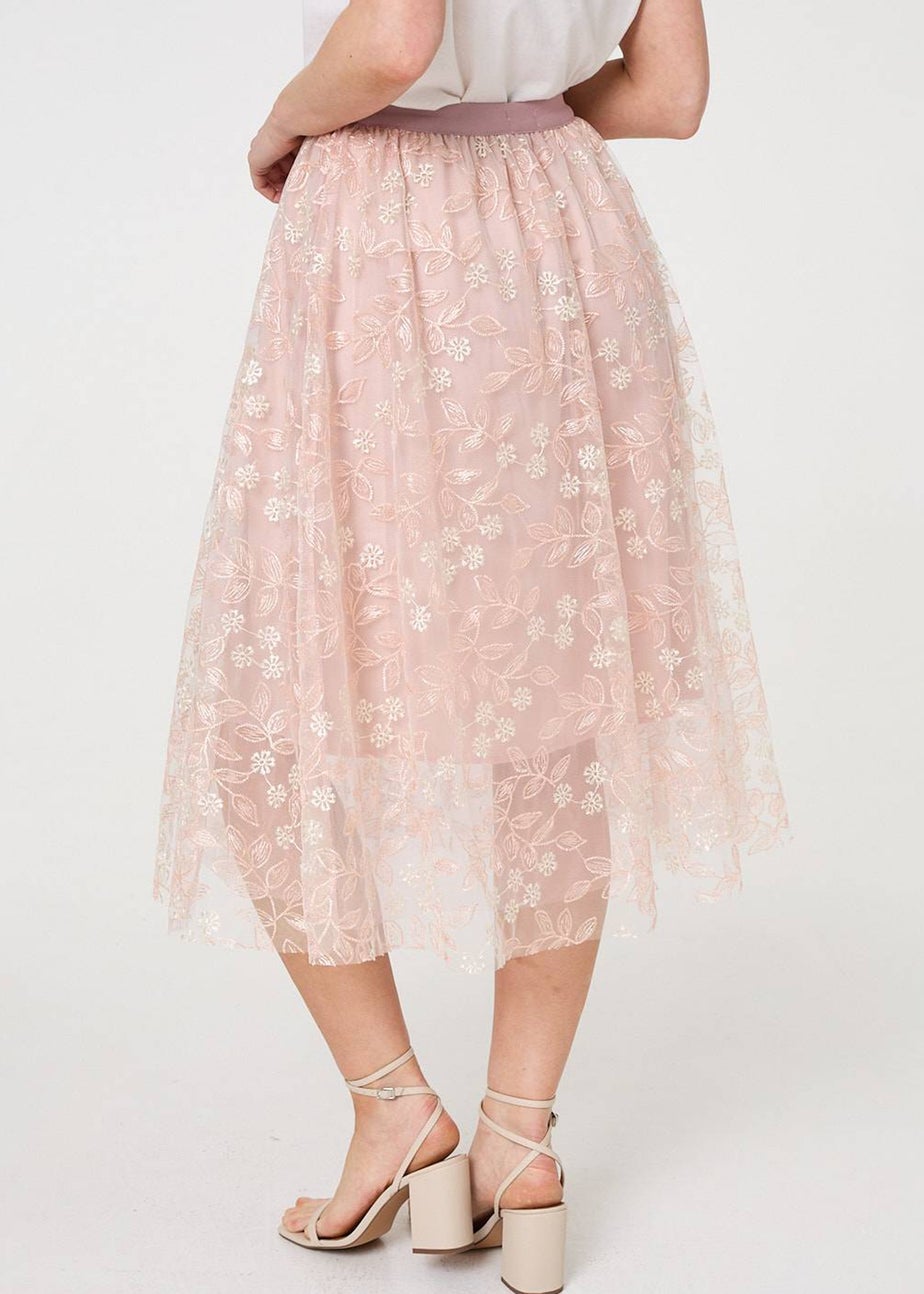 Izabel London Pink Floral Mesh Layered Midi Skirt