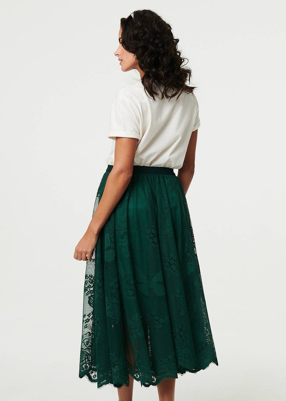 Izabel London Sage Floral Semi Sheer Mesh Layer Midi Skirt