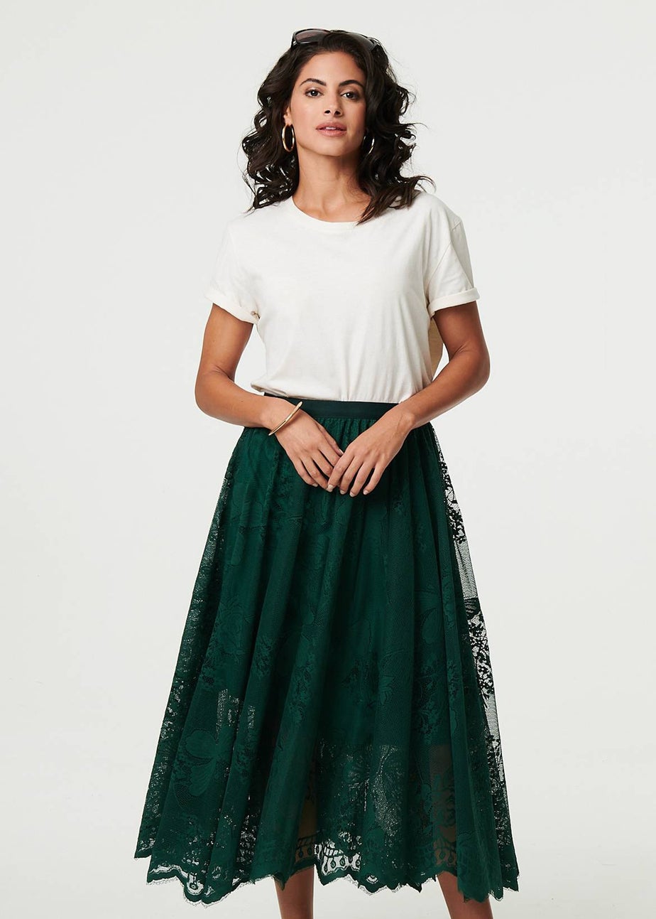 Izabel London Sage Floral Semi Sheer Mesh Layer Midi Skirt