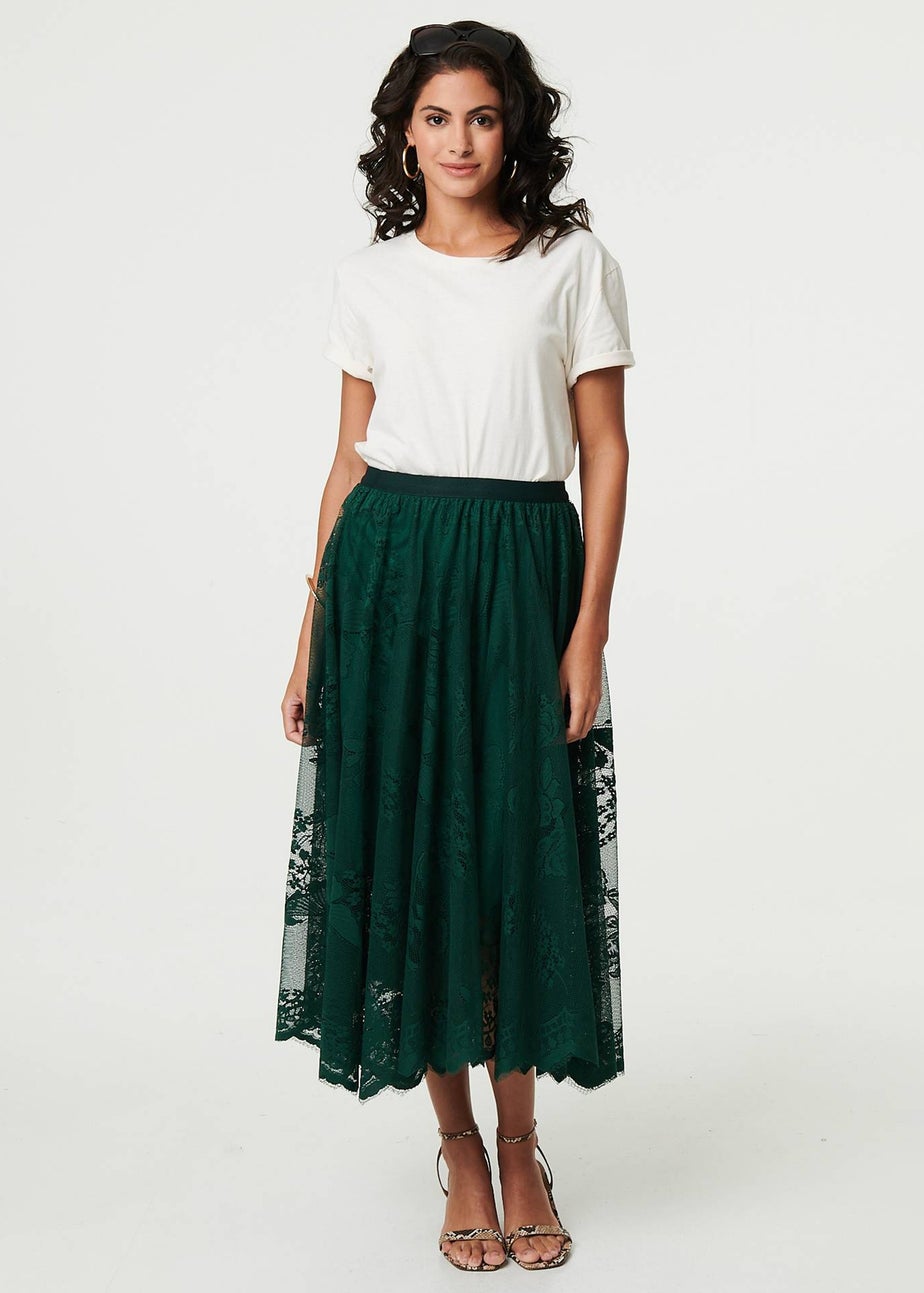 Izabel London Sage Floral Semi Sheer Mesh Layer Midi Skirt
