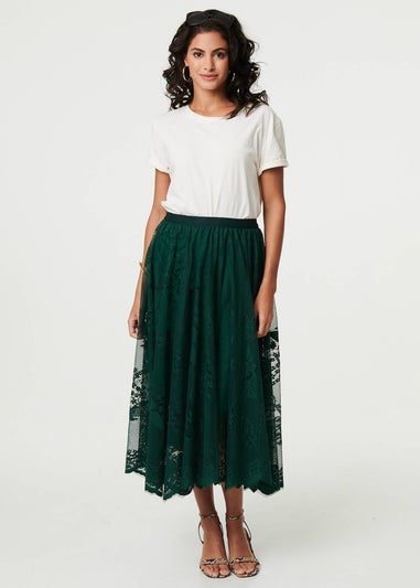 Izabel London Sage Floral Semi Sheer Mesh Layer Midi Skirt