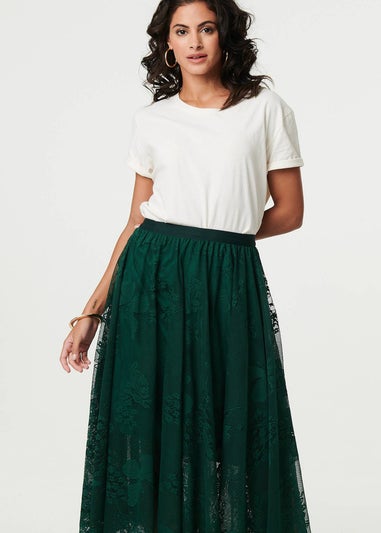 Izabel London Sage Floral Semi Sheer Mesh Layer Midi Skirt
