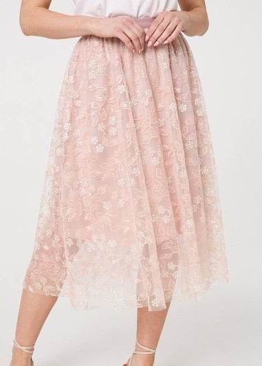 Izabel London Pink Floral Semi Sheer Mesh Layer Midi Skirt