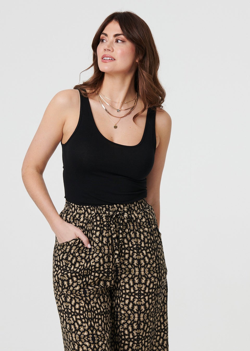 Izabel London Black Printed Drawstring Waist Crop Trousers