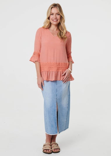 Izabel London Pink Lace Trim 3/4 Flared Sleeve Blouse