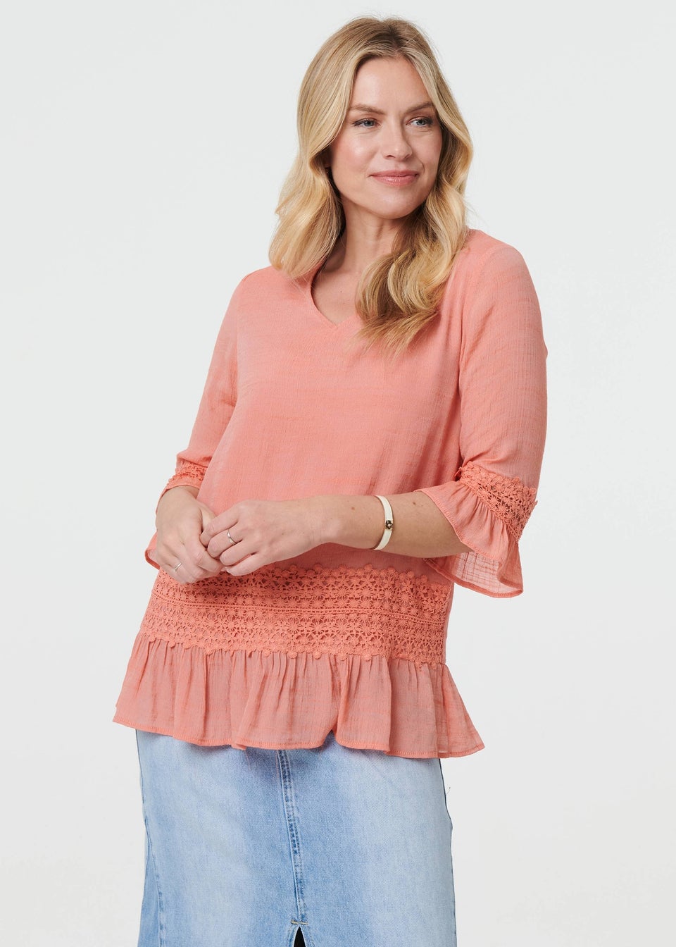 Izabel London Pink Lace Trim 3/4 Flared Sleeve Blouse