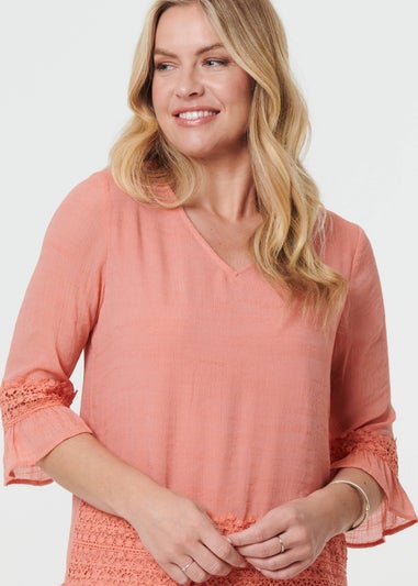 Izabel London Pink Lace Trim 3/4 Flared Sleeve Blouse