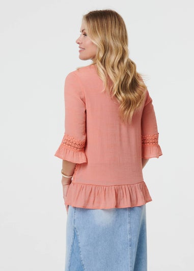 Izabel London Pink Lace Trim 3/4 Flared Sleeve Blouse