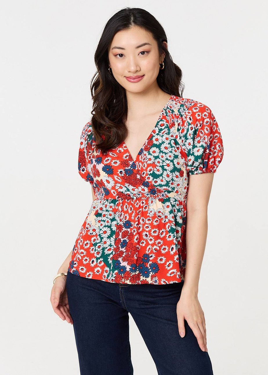 Izabel London Orange Ditsy Floral Faux Wrap V-Neck Top