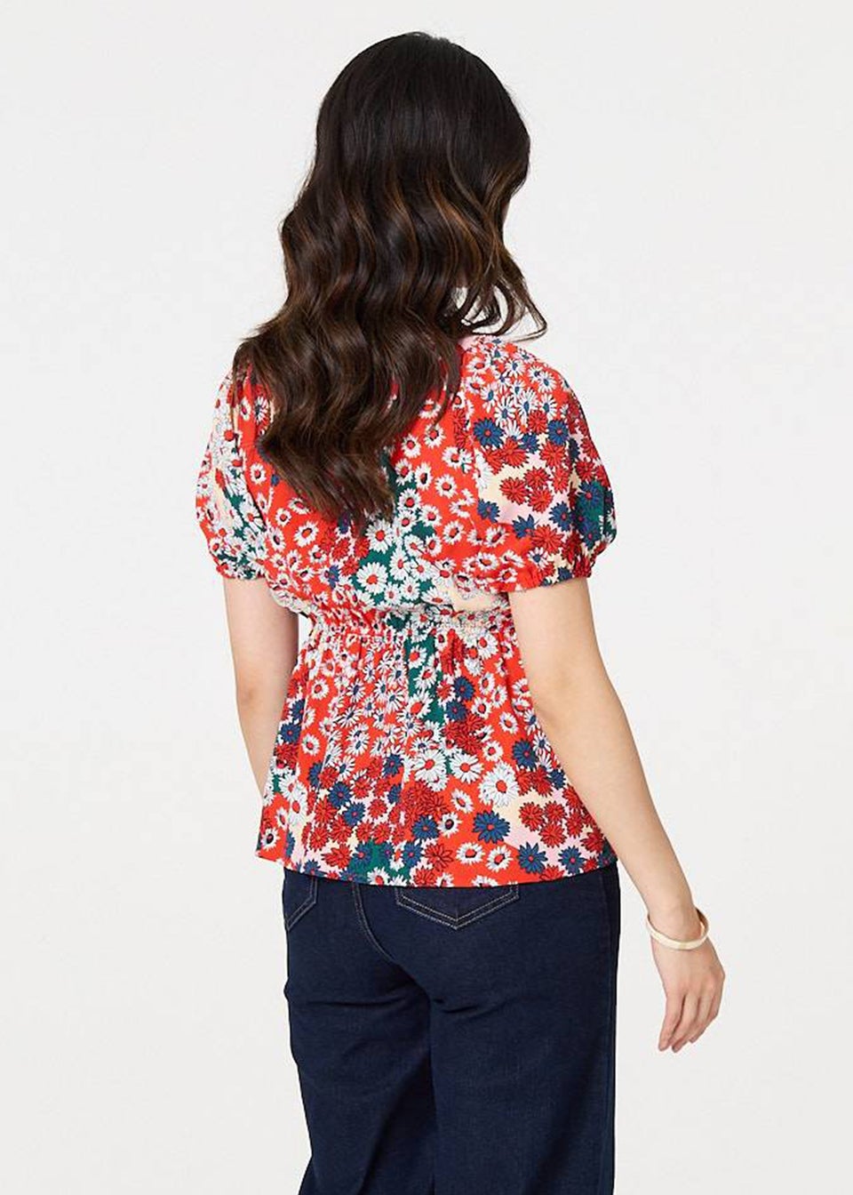 Izabel London Orange Ditsy Floral Faux Wrap V-Neck Top