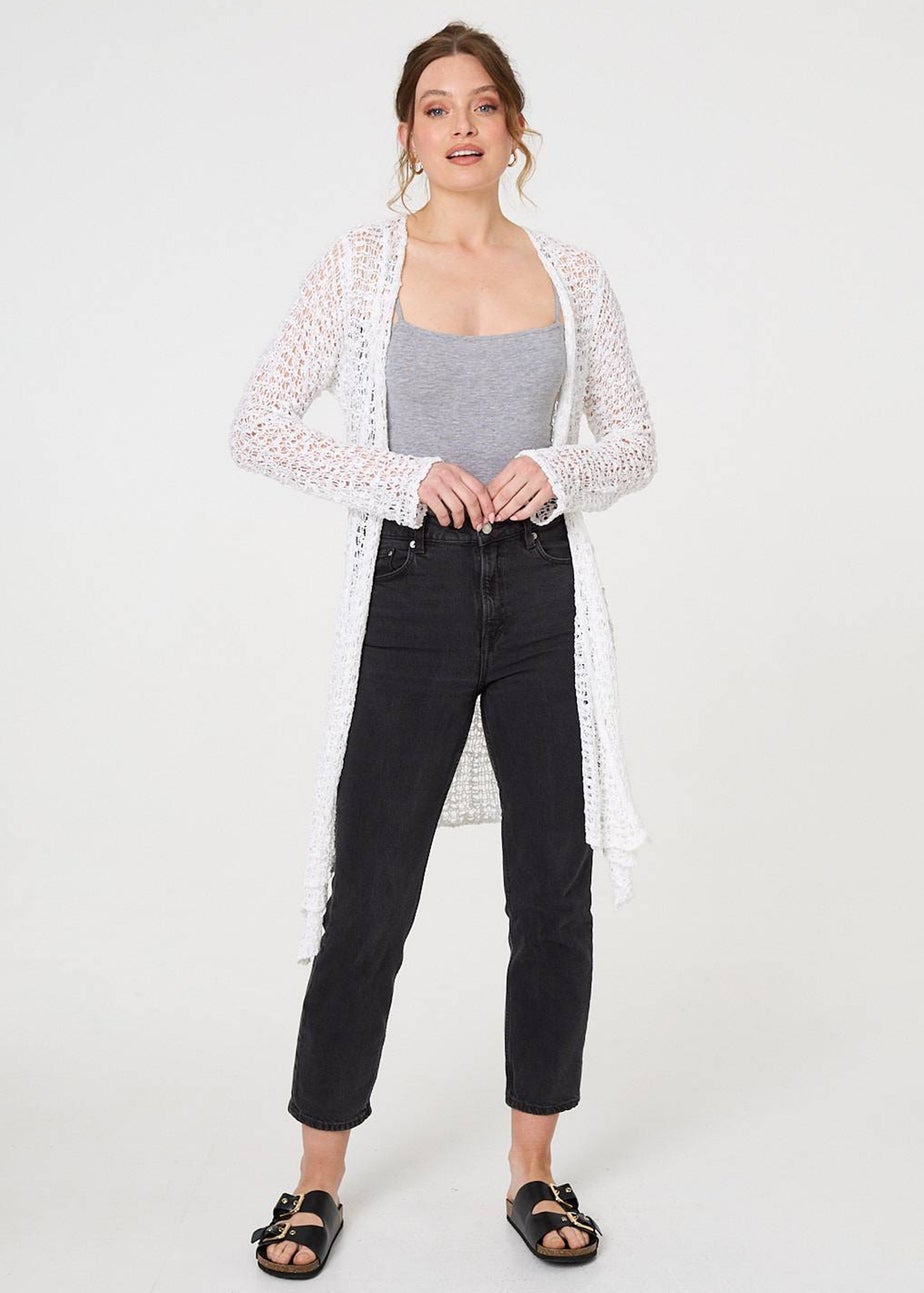 Izabel London White Crochet Knit Longline Waterfall Cardigan