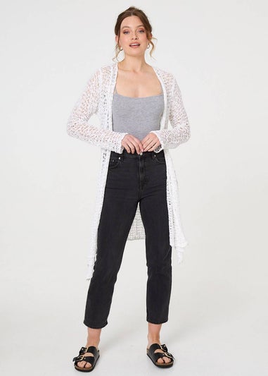 Izabel London White Crochet Knit Longline Waterfall Cardigan