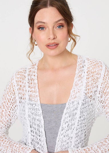 Izabel London White Crochet Knit Longline Waterfall Cardigan