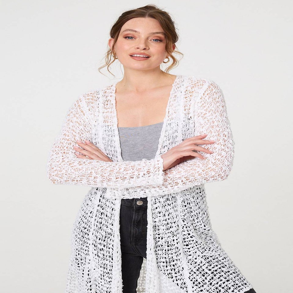Izabel London White Crochet Knit Longline Waterfall Cardigan