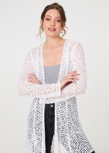 Izabel London White Crochet Knit Longline Waterfall Cardigan