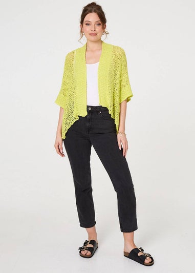 Izabel London Green Crochet Knit Texture Waterfall Cardigan