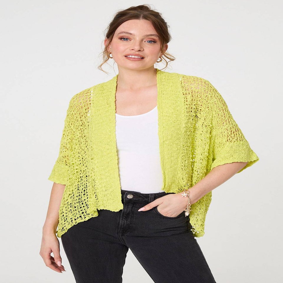 Izabel London Green Crochet Knit Texture Waterfall Cardigan
