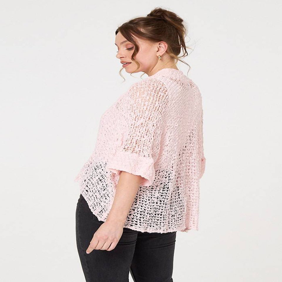 Izabel London Pink Crochet Knit Texture Waterfall Cardigan