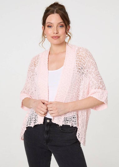 Izabel London Pink Crochet Knit Texture Waterfall Cardigan