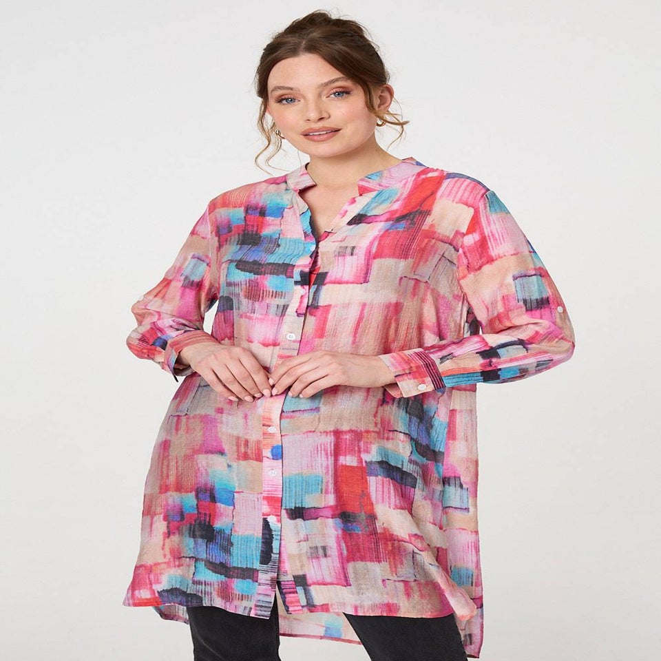 Izabel London Pink Printed Long Sleeve Semi Sheer Shirt