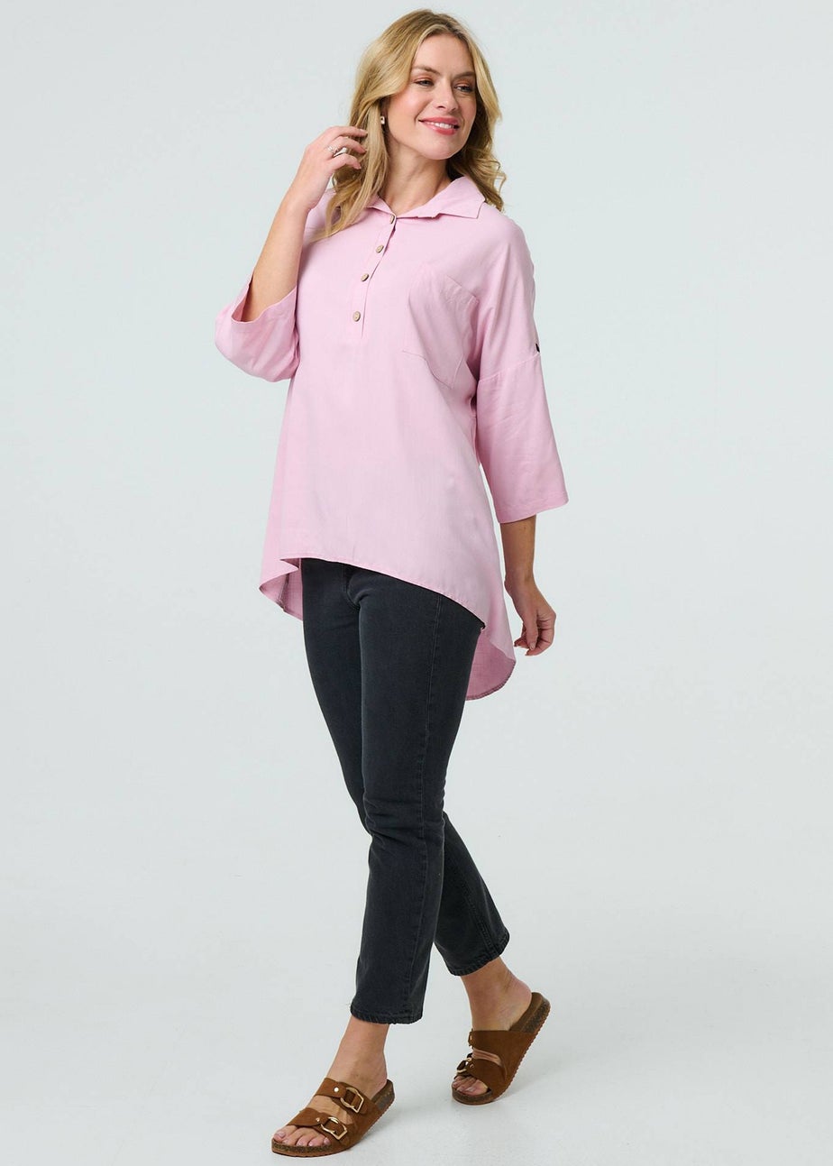 Izabel London Pink Relaxed High Low 3/4 Sleeve Shirt