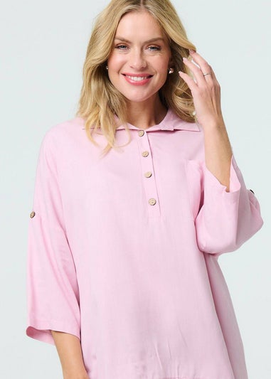Izabel London Pink Relaxed High Low 3/4 Sleeve Shirt