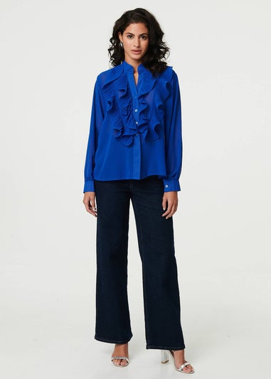 Izabel London Blue Ruffled Long Sleeve Semi Sheer Blouse