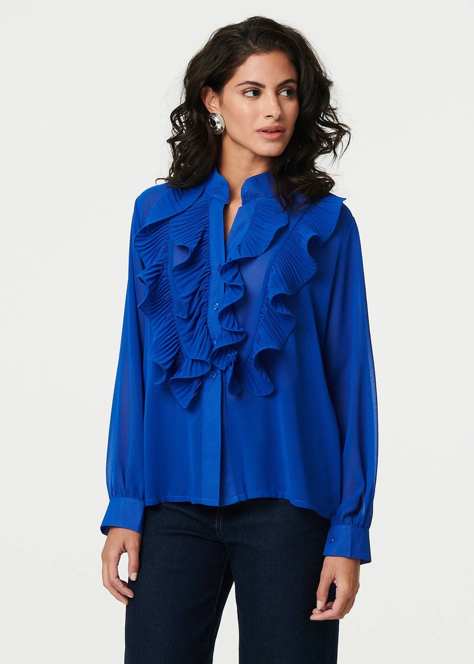 Izabel London Blue Ruffled Long Sleeve Semi Sheer Blouse