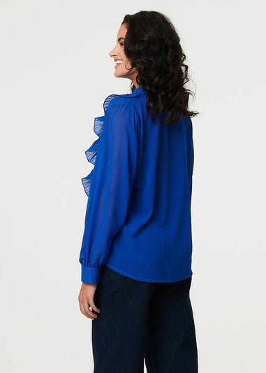 Izabel London Blue Ruffled Long Sleeve Semi Sheer Blouse