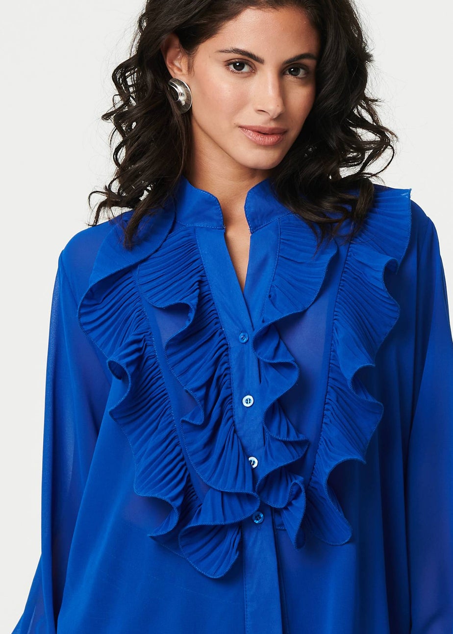 Izabel London Blue Ruffled Long Sleeve Semi Sheer Blouse