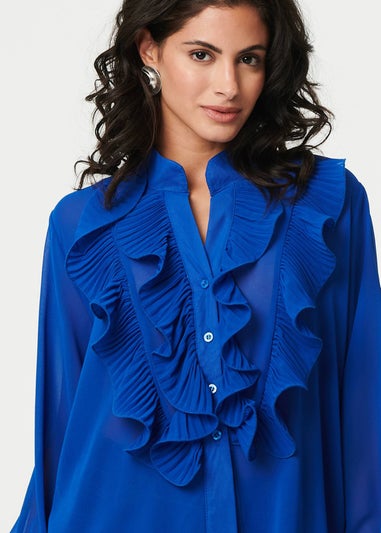 Izabel London Blue Ruffled Long Sleeve Semi Sheer Blouse