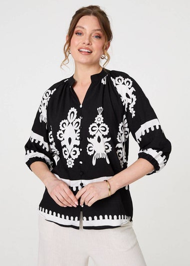 Izabel London Black Ikat Print 3/4 Sleeve Relaxed Blouse