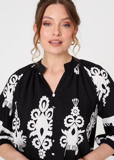 Izabel London Black Ikat Print 3/4 Sleeve Relaxed Blouse