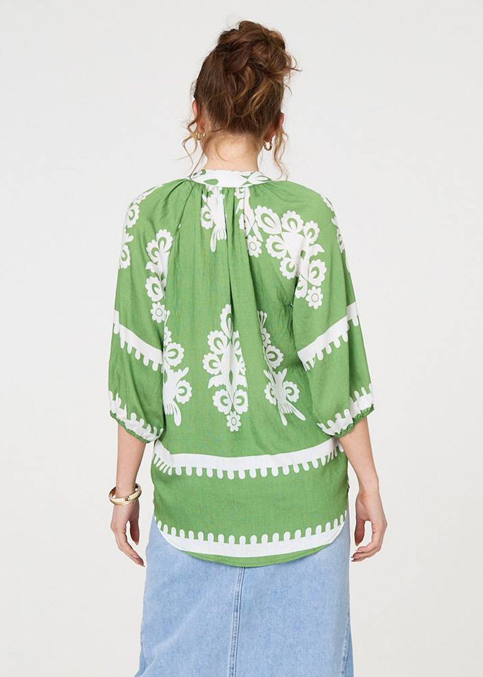 Izabel London Green Ikat Print 3/4 Sleeve Relaxed Blouse