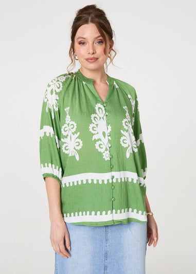 Izabel London Green Ikat Print 3/4 Sleeve Relaxed Blouse