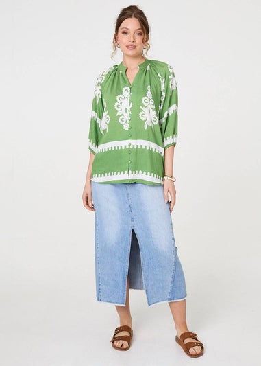Izabel London Green Ikat Print 3/4 Sleeve Relaxed Blouse