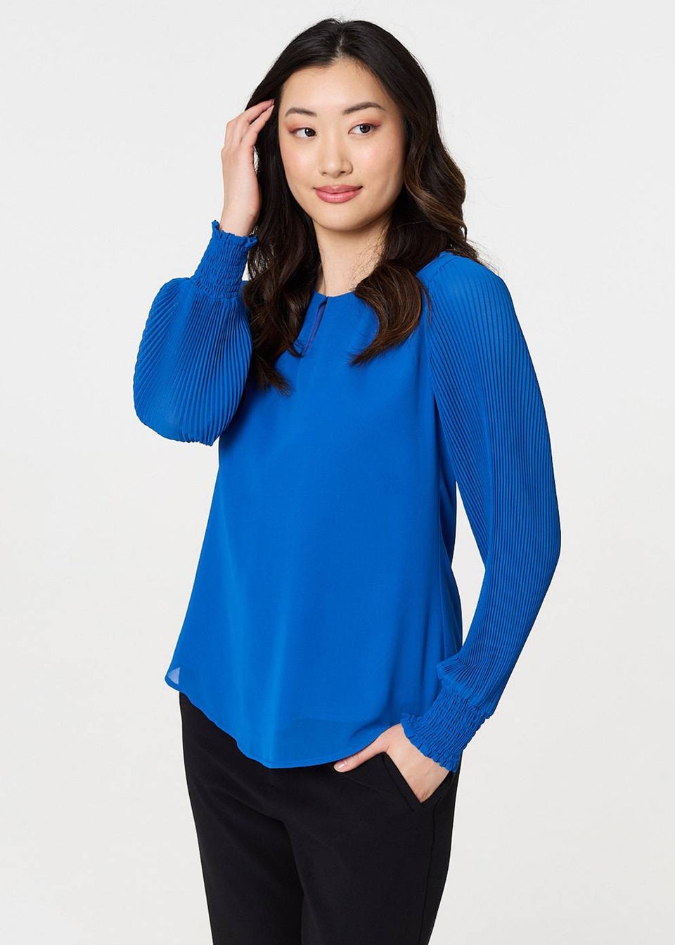 Izabel London Blue Keyhole Cut-Out Neck Long Sleeve Blouse