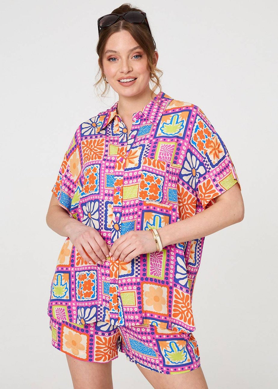 Izabel London Pink Patchwork Print Short Sleeve Shirt