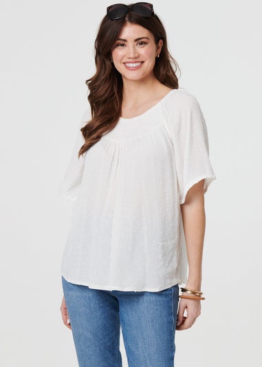 Izabel London White Textured Semi Sheer Shirred Bardot Top