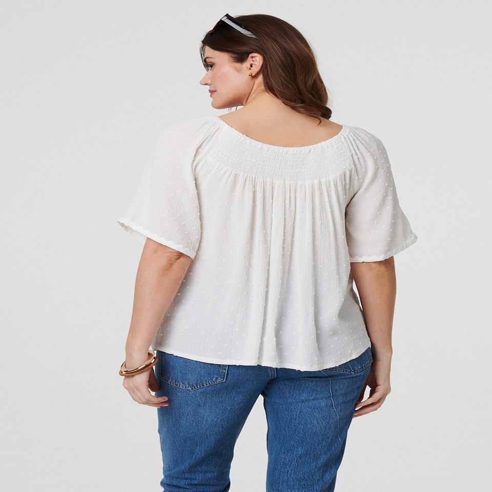 Izabel London White Textured Semi Sheer Shirred Bardot Top