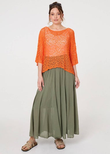 Izabel London Orange Crochet Knit Texture Batwing Sleeve Top