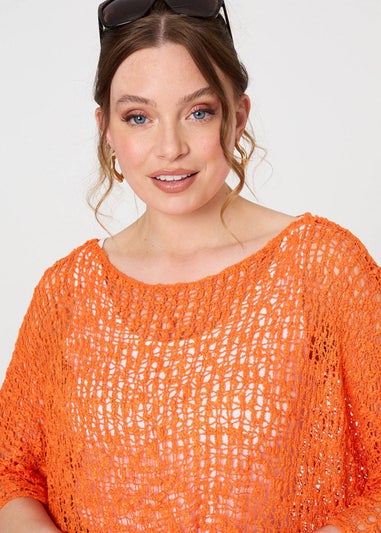Izabel London Orange Crochet Knit Texture Batwing Sleeve Top