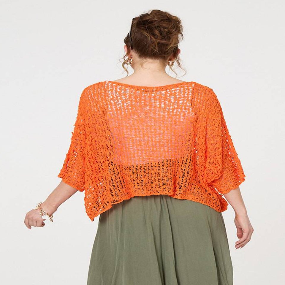 Izabel London Orange Crochet Knit Texture Batwing Sleeve Top