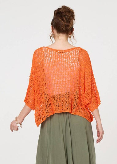 Izabel London Orange Crochet Knit Texture Batwing Sleeve Top