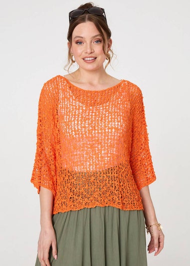 Izabel London Orange Crochet Knit Texture Batwing Sleeve Top