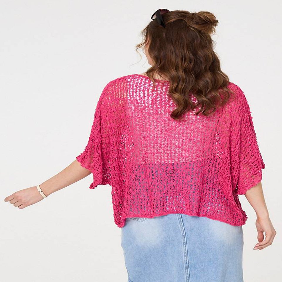 Izabel London Pink Crochet Knit Texture Batwing Sleeve Top