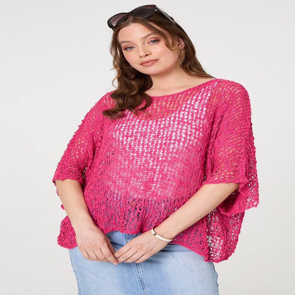 Izabel London Pink Crochet Knit Texture Batwing Sleeve Top