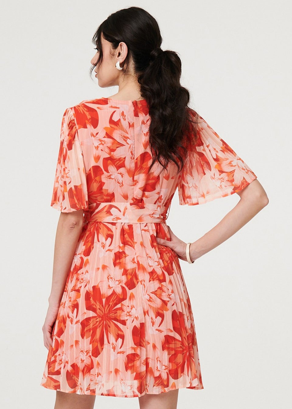 Izabel London Orange Floral Pleated Angel Sleeve Mini Dress