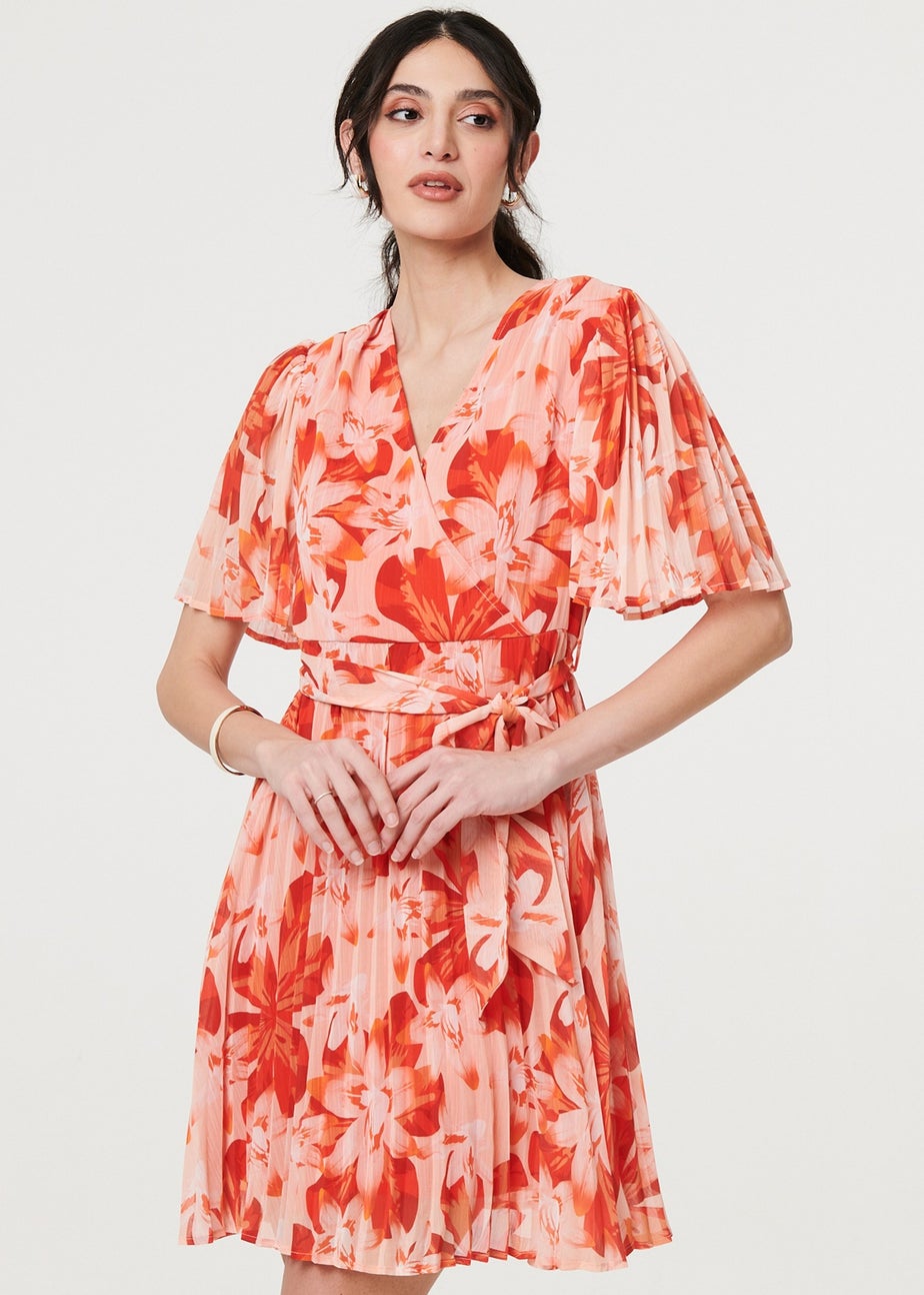 Izabel London Orange Floral Pleated Angel Sleeve Mini Dress